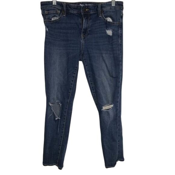 Gap Girlfriend Jeans Womens 8R Distressed Mid-Rise Dark Wash Denim Casual Pants - Picture 1 of 12